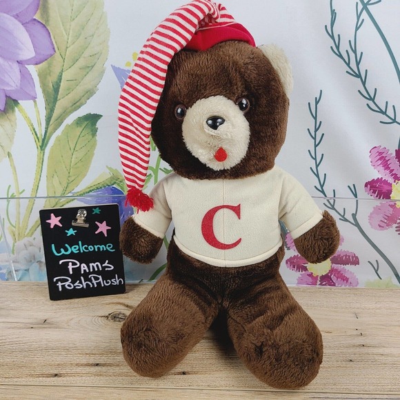 Circus Circus 🎪 Teddy Bear Plush 15" Vtg Red Striped Hat Brown Stuffed Animal - Picture 1 of 5